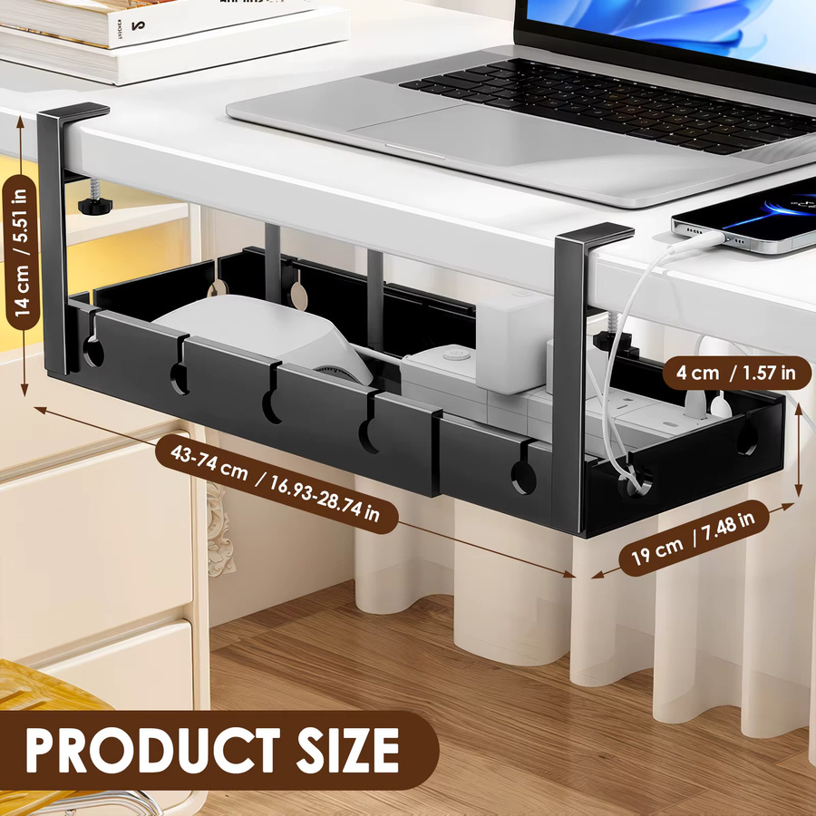 Ausziehbare Kabelmanagement-Ablage für den Schreibtisch in Schwarz aus Metall, Breite: 43-74 cm, Höhe: 14 cm - Bild 7