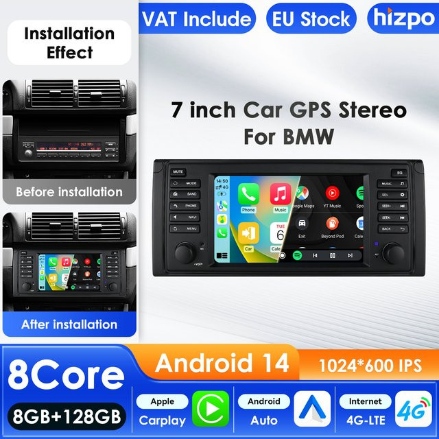 Hizpo 7 Zoll Autoradio für BMW 5er E39 X5 E53 M5 mit Android Auto, CarPlay, GPS, WIFI und 4G in Schwarz - Bild 1