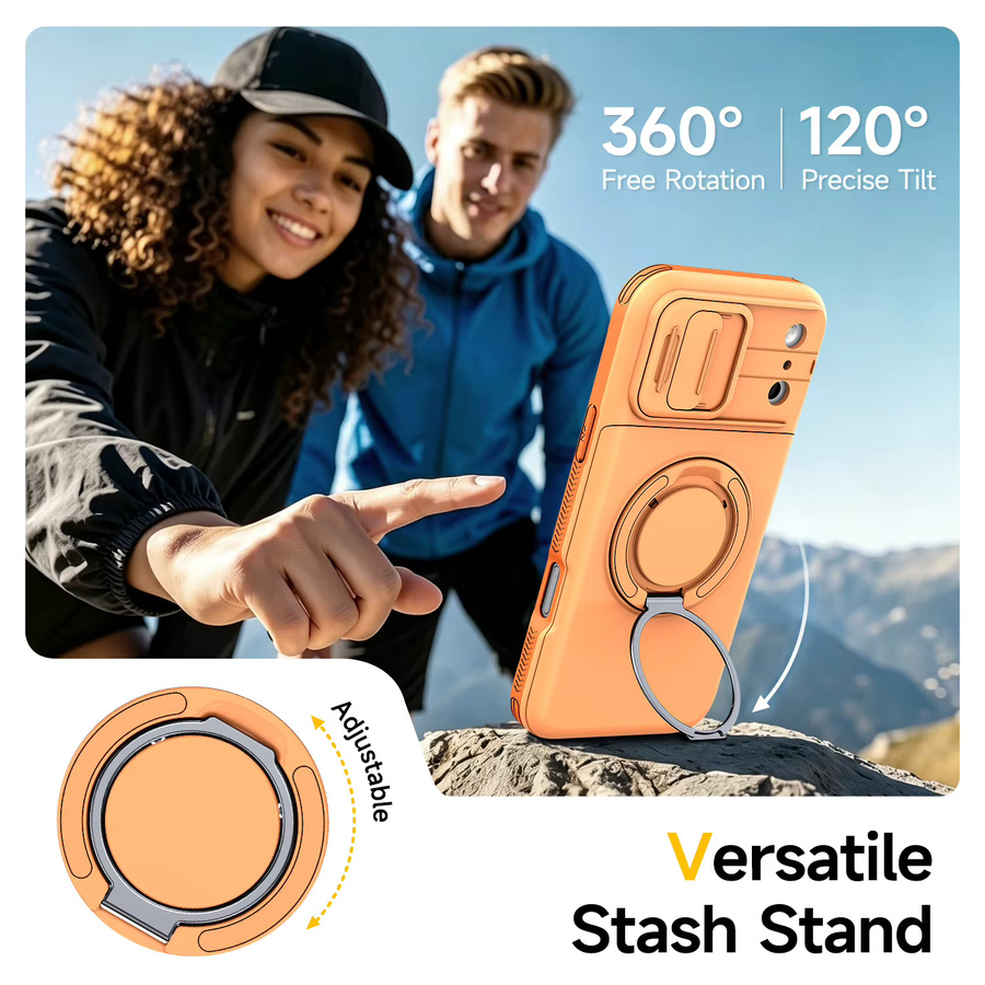 MAYLDUU Schutzhülle für iPhone 17, 16, 15, 14, 13, 12 Pro Max Plus mit Kameraabdeckung, magnetischem Ringhalter und Kartenfach in Grau und Orange - Bild 6