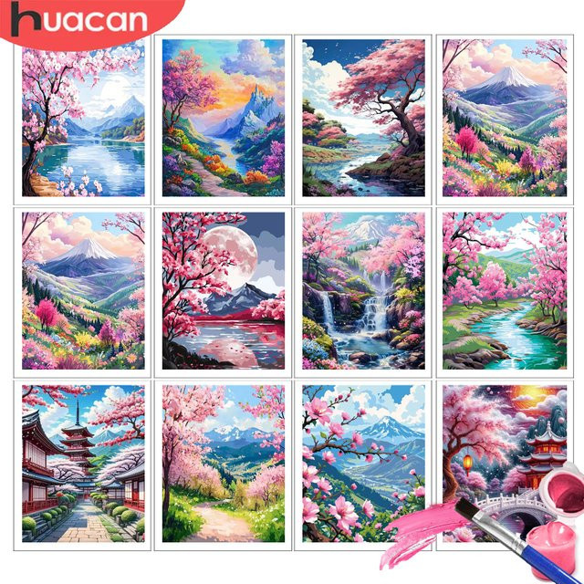 HUACAN Malen nach Zahlen für Erwachsene Berglandschaft mit Kirschblüten als Malhandwerk zur Heimdekoration - Bild 1