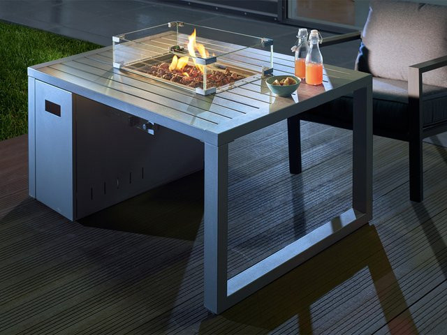 BUSCHBECK Loungetisch und Feuerstelle Lagos in Grau aus pulverbeschichtetem Stahl mit Sicherheitsglas, B/T/H: 115 x 75 x 58,5 cm - Bild 1
