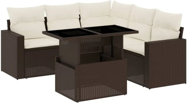 vidaXL 6-tlg Garten-Sofagarnitur in L-Form aus braunem Poly-Rattan mit wetterfesten Kissen - Bild 1