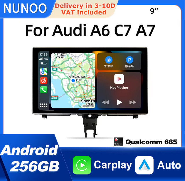 NUNOO Android 14 Multimedia-Player für Audi A6 C7 und A7 (2012-2018) mit Wireless CarPlay, Android Auto, Qualcomm Prozessor, GPS, Wi-Fi und Bluetooth in Schwarz - Bild 1