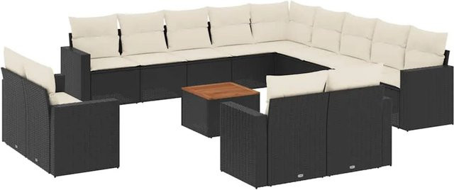 vidaXL 14-tlg. Garten-Sofagarnitur in L-Form aus Polyrattan und Akazienholz mit Kissen in Schwarz-Creme - Bild 1