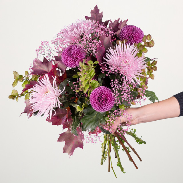 BLUME2000 Purple Vibes Strauß Chrysanthemen Schleierkraut Schneebeeren purple lightpink Herbst - Bild 1