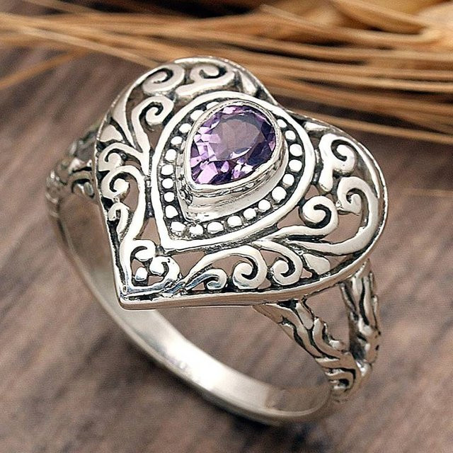 Huitan Ring, Herz, Silber, Lila Zirkonia, Vintage, Damen - Bild 1