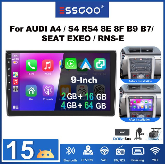 ESSGOO 9 Zoll Android 15 Autoradio für Audi A4 S4 RS4 8E 8F B7 und Seat Exeo mit Bluetooth, GPS, WLAN, Carplay und Android Auto in Schwarz - Bild 1