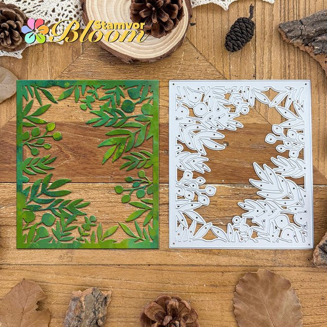 Metall Stanzform mit Blättern und Zweigen in quadratischem Rahmen für Scrapbooking und dekorative Prägung, Silber - Bild 1