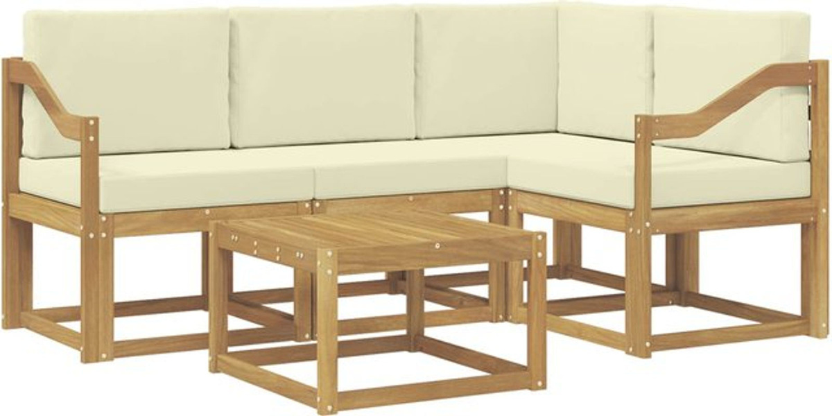vidaXL Outdoor-Sofagarnitur aus Akazie mit 5 Polstern in Weiß und Beige im modernen Design - Bild 1