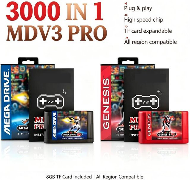 Everdrive Flash Card MDv3 Pro 3000 in 1 MegaDrive Genesis Spielkassette mit 8GB Micro SD-Karte für SEGA Konsole in Rot - Bild 1