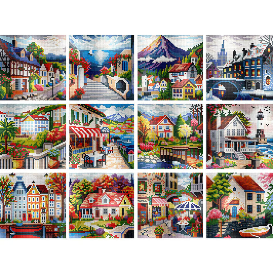 Huacan 12er Set Diamant-Mosaik-Stadt Mini-Diamantgemälde Landschaft rund in Multicolour - Bild 5