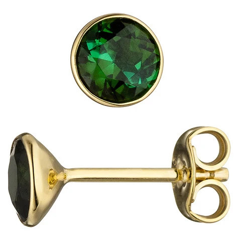 Colfem Ohrstecker rund, 585 Gelbgold, 2 Turmaline grün, Unisex - Bild 1