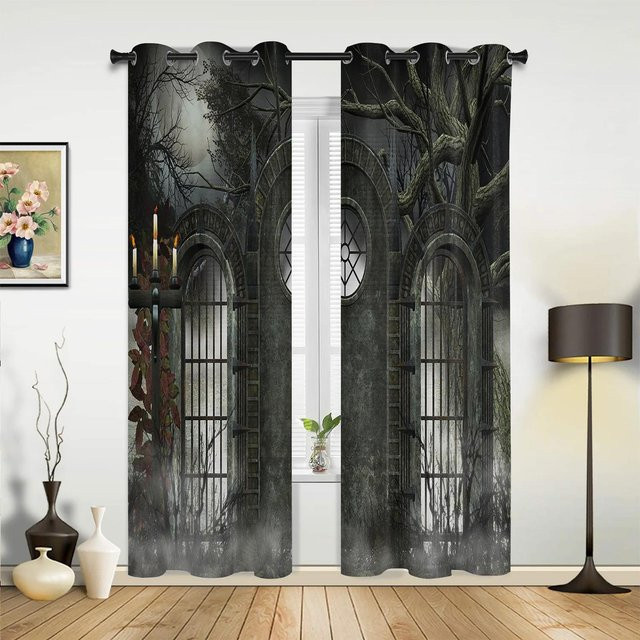 Halloween Horror Wald Vorhang Tor Geheimnis Dunkel für Wohnzimmer und Schlafzimmer, Mehrfarbig, Breite: 135 cm, Höhe: 60 cm - Bild 1
