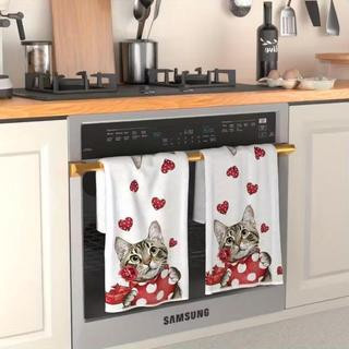 2er-Pack moderne Küchentücher aus Polyester mit Cartoon-Kätzchen-Herz-Design, super saugfähig und maschinenwaschbar, Mehrfarbig, B/H: 40 x 60 cm - Bild 1