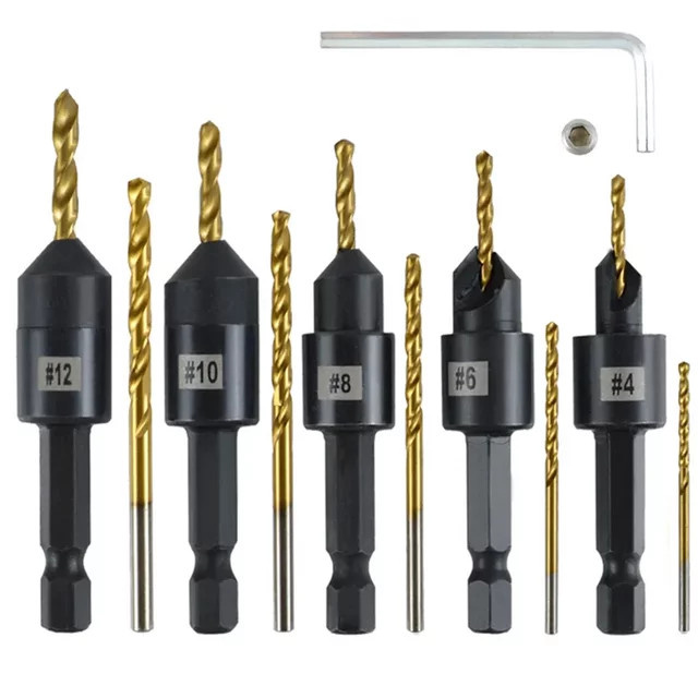 12-teiliges HSS-Senkerbohrer-Set mit Titanbeschichtung, 4–12 mm Sechskantschaft für Holzbearbeitung und Metall, Lochöffner und Anfaswerkzeug - Bild 1