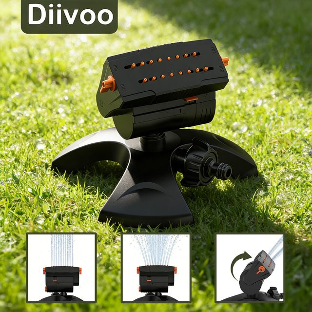 Diivoo Mini oszillierender Rasensprinkler in Schwarz mit 16 Löchern und verstellbarer Rotation für die Gartenbewässerung - Bild 1