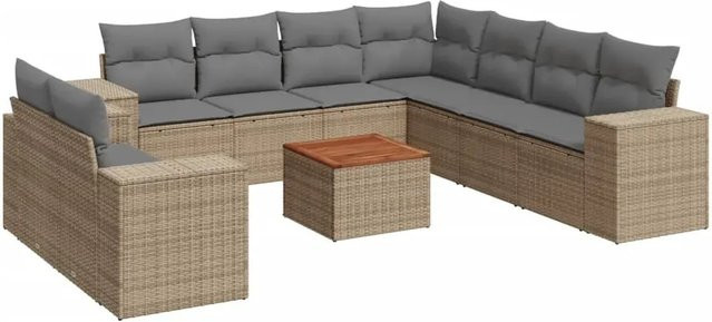 vidaXL 10-tlg. Garten-Sofagarnitur in L-Form aus Polyrattan und Akazienholz mit Kissen, Beige - Bild 1
