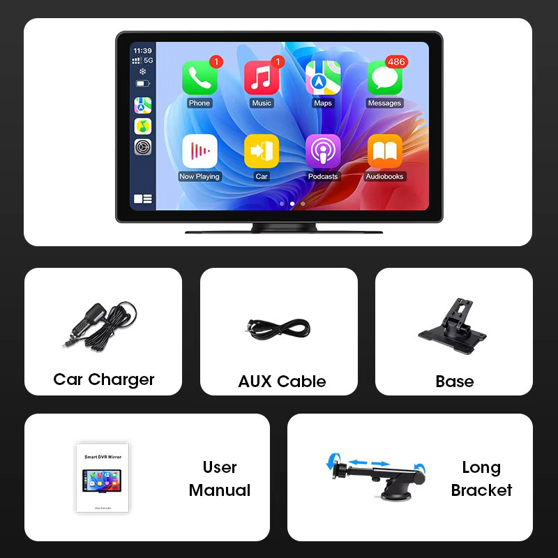 Srnubi 10-Zoll tragbarer kabelloser Carplay-Bildschirm mit Rückfahrkamera und Android Auto, Multimedia-Player für dein Auto, Schwarz - Bild 5