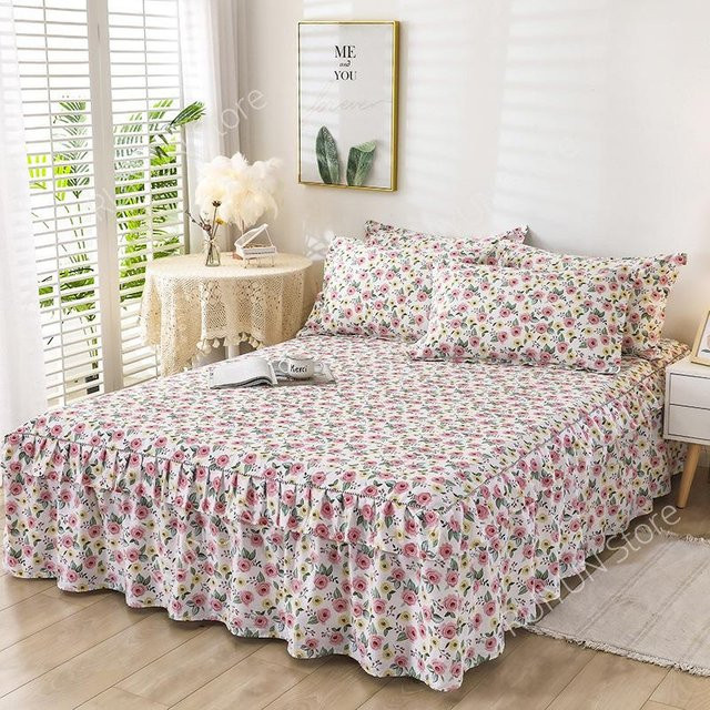 Bedruckter Bettrock aus 100 % Baumwolle mit floralem Design und rutschfester Rückseite, Multicolour, B: 150 cm, T: 200 cm - Bild 1