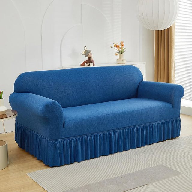 Bedruckter Stretch-Sofabezug mit Rüschen und floralem Muster in Blau, Waschbarer Couchüberzug für dein Sofa - Bild 1