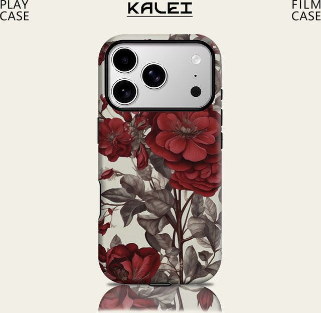 Potdemiel Magnetische Handyhülle mit Blumenmuster in Burgunderrot für iPhone 17 16 15 14 13 Pro Max Plus, Robuste Doppelschicht-Schutzhülle - Bild 1