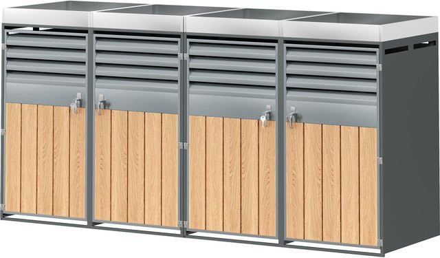 GL Store Mülltonnenbox mit integrierter Pflanzfläche und abschließbarem 4-Fach-Mülltonnenschrank aus verzinktem Stahl in Grau und Holzmaserung, B/T/H: 264 x 80 x 124,5 cm - Bild 1