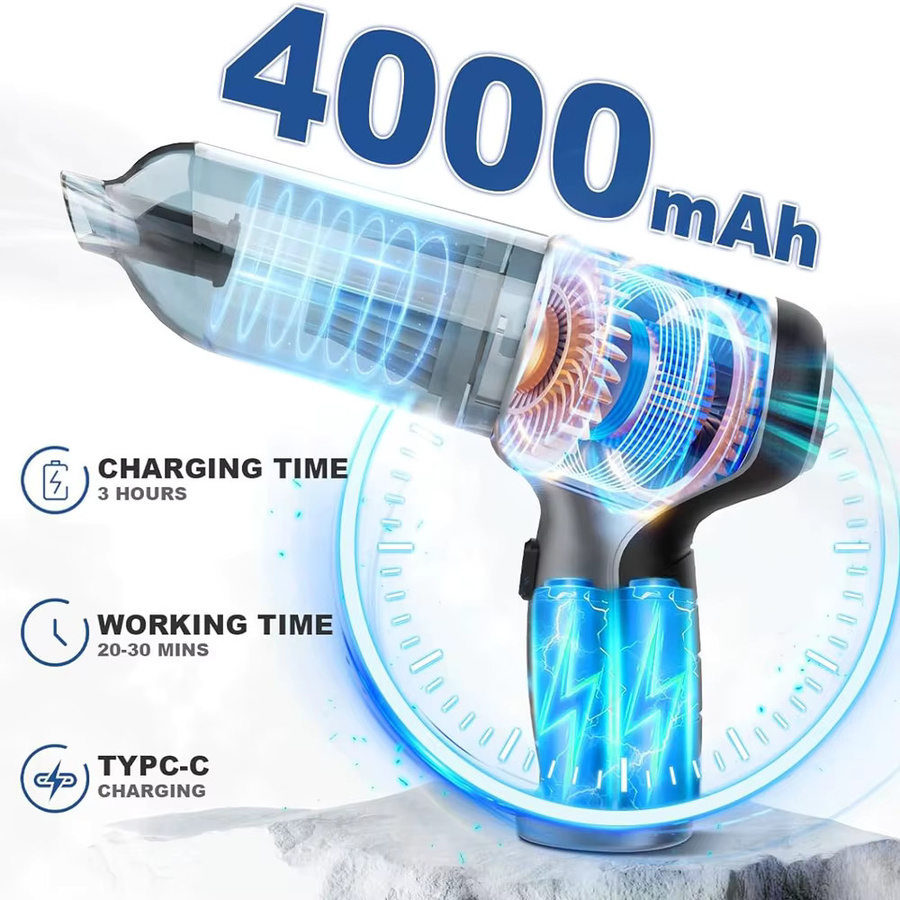 Raugee Tragbarer Drahtloser Mini Handheld Auto Staubsauger mit 95000PA Saugkraft für Auto und Haushalt - Bild 3