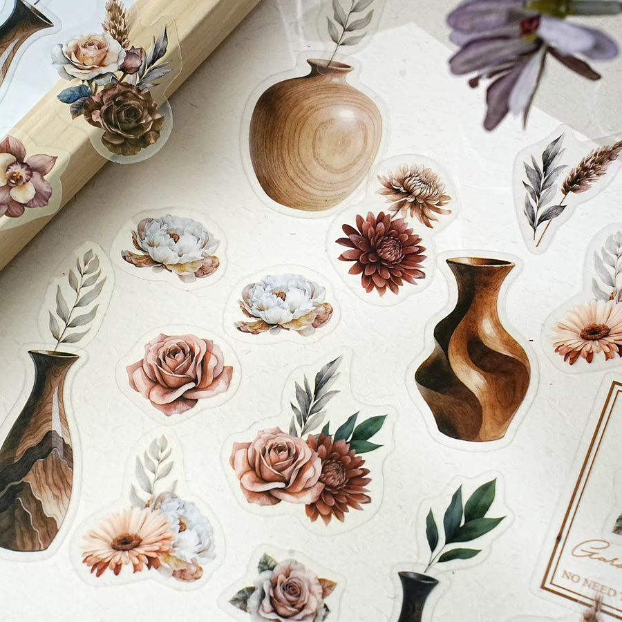 Etori Life 20 Stück Vintage Aquarell Aufkleber in Braun mit Sandelholz- und Blumenmotiven für Laptop, Handy und Bastelbedarf - Bild 2