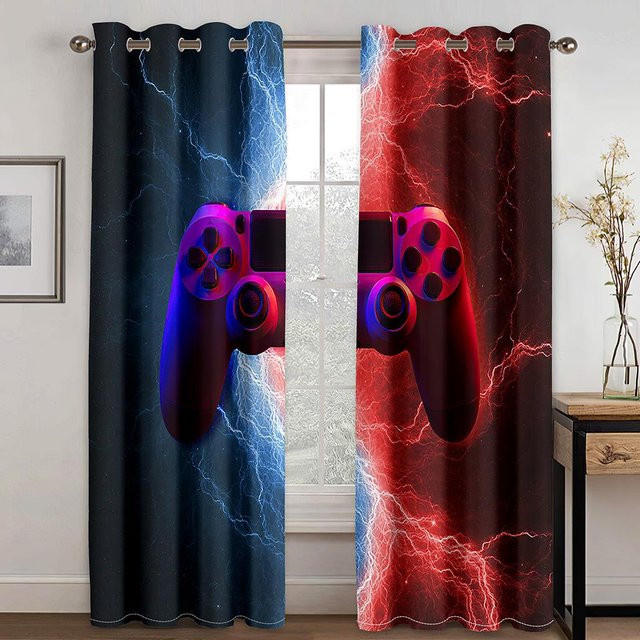 Yiran Furniture 2er Set Fenstervorhänge mit 3D E-Sport Gamepad Motiv für Kinder, halbtransparent, Mehrfarbig, Höhe: 130 cm, Breite: 100 cm - Bild 1