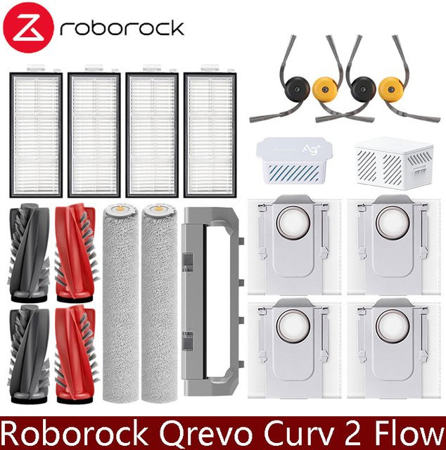 Roborock Qrevo Curv 2 Flow Ersatzteil-Set mit Haupt- und Seitenbürsten, Wischtüchern, HEPA-Filtern und Staubbeuteln in Weiß - Bild 1