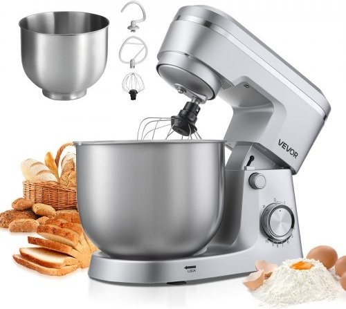 VEVOR Küchenmaschine mit 1500 W Leistung, 10-Gang einstellbare Knetmaschine in Silber mit zwei Edelstahlschüsseln (4,2 l und 5,7 l), inklusive Knethaken, Rührbesen und Schneebesen - Bild 1