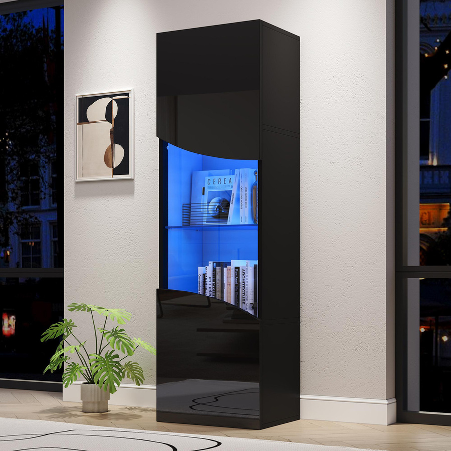 Schmaler Wohnzimmer-Vitrinenschrank PD1 in Schwarz mit Glastüren und integrierter Beleuchtung, B/T/H: 35 x 50 x 165 cm - Bild 2
