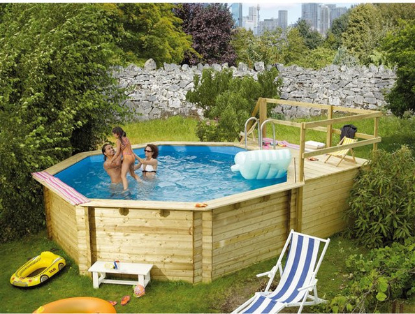 Karibu Achteck Aufstellpool Modell 2 mit zwei Sonnenterrassen, Filteranlage und Skimmer, Blau/Grau, B/T: 470 x 470 cm