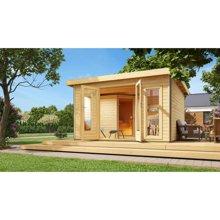 Karibu Saunahaus Magnus 3 Set aus Fichte in Natur mit 9 kW Bio Ofen und externer Steuerung - Bild 2