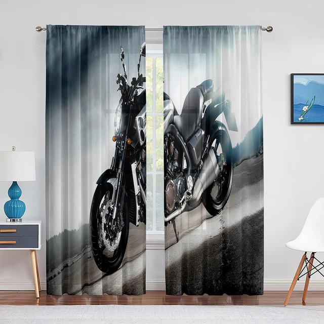 Halbdurchlässige Motocross Vorhänge mit 3D-Fahrer-Silhouetten in Schwarz, Höhe: 100 cm - Bild 1