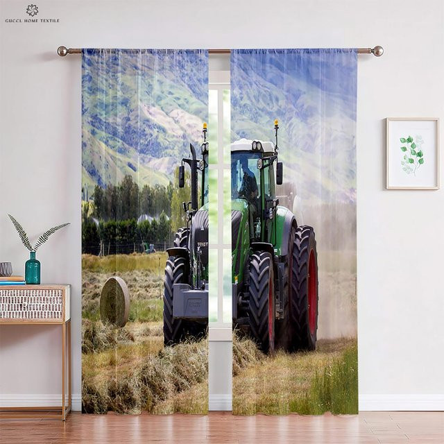Yiran Furniture 2er-Set Druckfenstervorhänge mit 3D-Traktor-Motiv in Grau, semi-transparent, Breite: 50 cm, Höhe: 130 cm - Bild 1