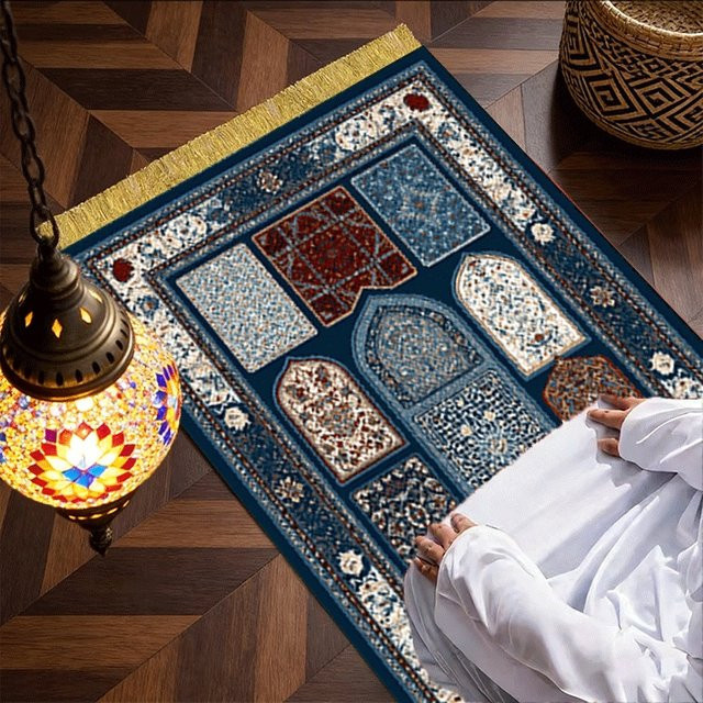 VIKAMA Islamischer Gebetsteppich mit Fransen, rutschfest, blau, orientalisches Design - Bild 1