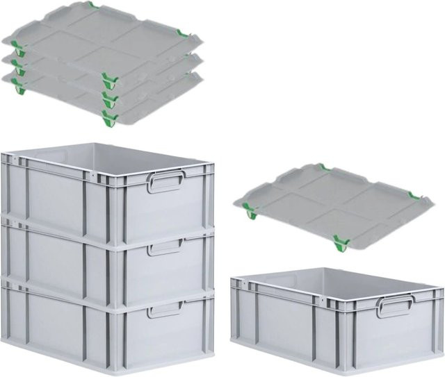 PROREGAL SuperSparSet 4x Eurobox NextGen Grip mit Auflagedeckel und grünen Schiebeschnappverschlüssen, Grau, H x B x T: 22 x 40 x 60 cm - Bild 1