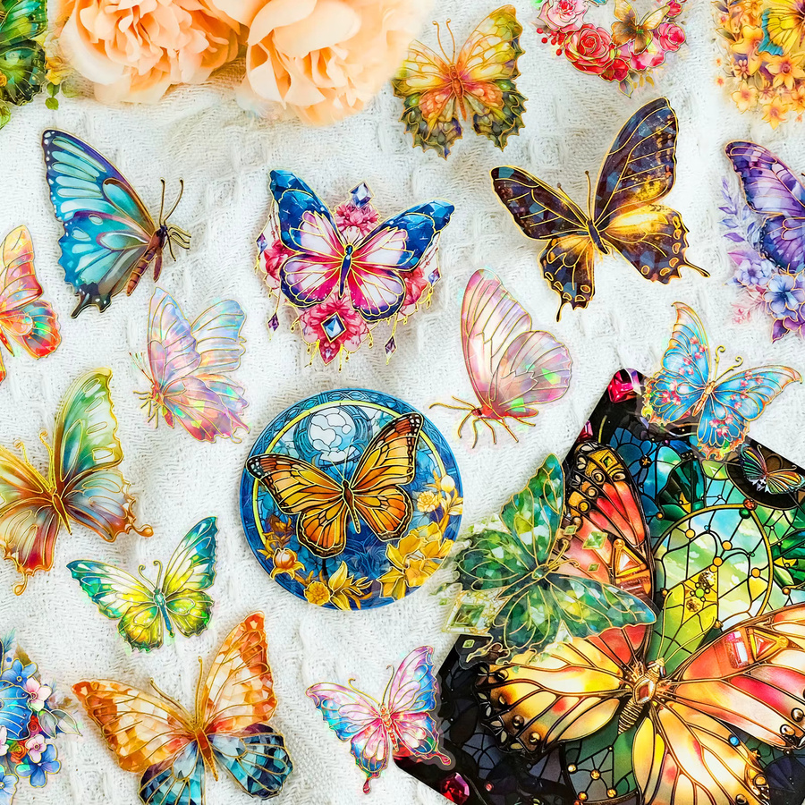 30 Stück YIIMANNER Vintage Schmetterlingsaufkleber, holografische und glitzernde PVC-Aufkleber in Multicolour, wasserdicht und transparent - Bild 2