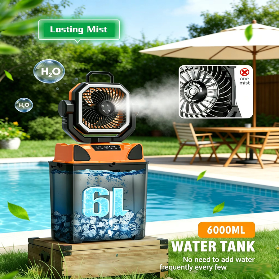 TIASTHAN Outdoor-Campingventilator mit 30000 mAh Akku, 6-Liter-Wassertank, Fernbedienung und Beleuchtung, tragbarer elektrischer Ventilator mit 4 Geschwindigkeitsstufen - Bild 2