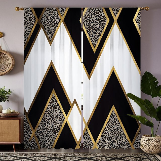 2er-Set dekorative Vorhänge mit geometrischem Muster in Schwarz, Gold und Weiß, digital bedruckt, halbtransparent, B: 132 cm, H: 160 cm - Bild 1