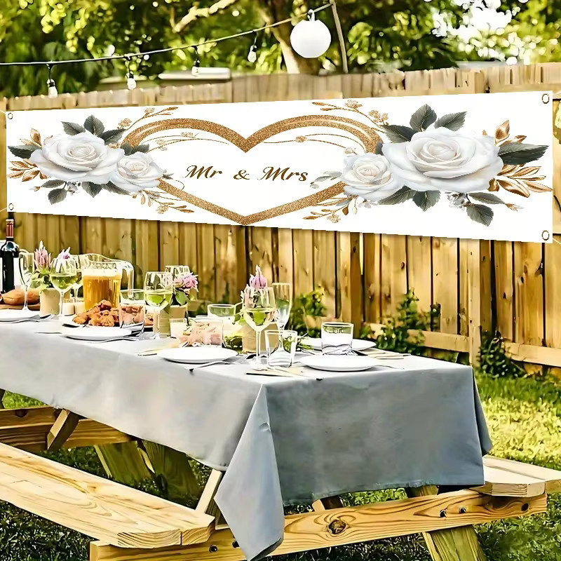 VIKAMA Mr & Mrs Hochzeitsbanner in Weiß und Gold mit Herz-Design für Brautparty, Verlobung und Garten-Dekoration - Bild 5