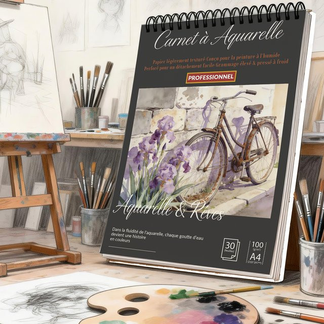 Spiralgebundenes Kunstskizzenbuch A4 mit schwarzem Hardcover und Vintage-Fahrrad- und Iris-Print, 100 GSM säurefreies Papier, blanko Seiten - Bild 1