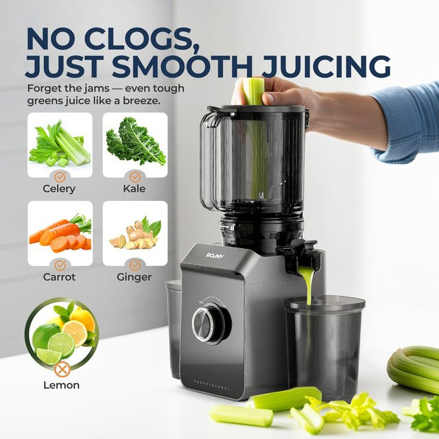 ROUNY Kaltpress-Entsafter Elektrischer Slow-Juicer mit 130mm Einfüllschacht, Schwarz - Bild 1