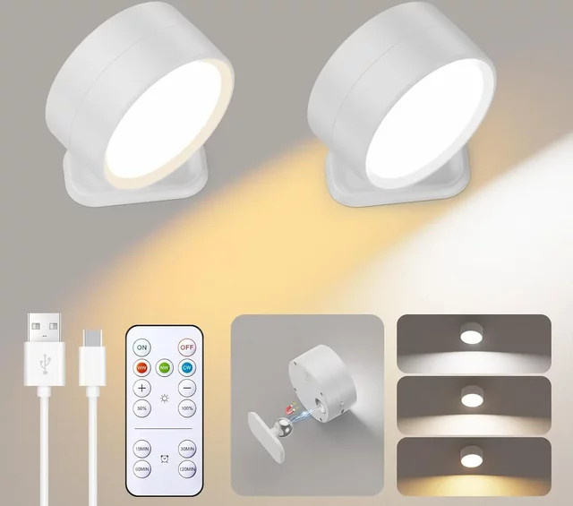 KDULIT Magnetische LED-Wandleuchte in Weiß, wiederaufladbar und dimmbar mit Fernbedienung und 360 Grad Drehung für dein Schlafzimmer - Bild 1