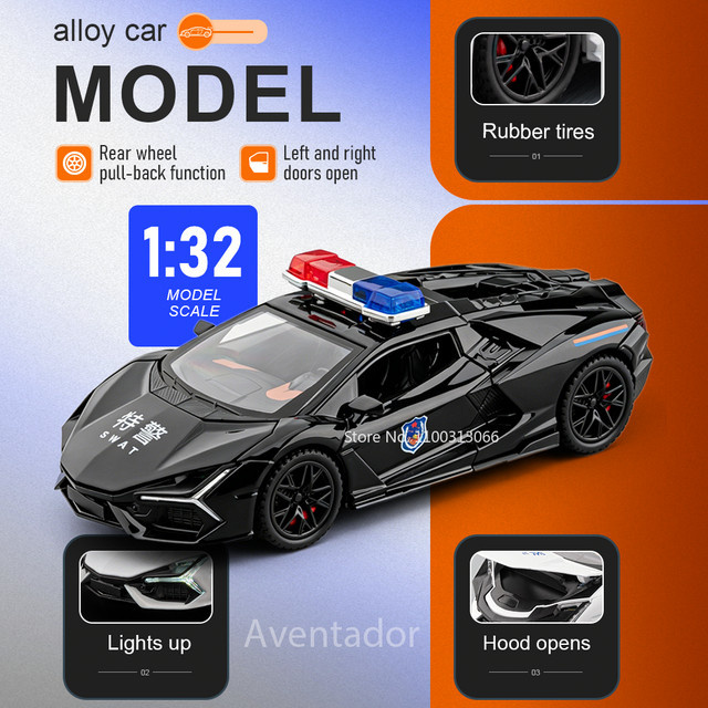 MAKEDA Aventador Hellcat Polizeiauto, Druckguss-Modell, 1:32, mit Sound und Licht, Rückziehfahrzeug - Bild 1