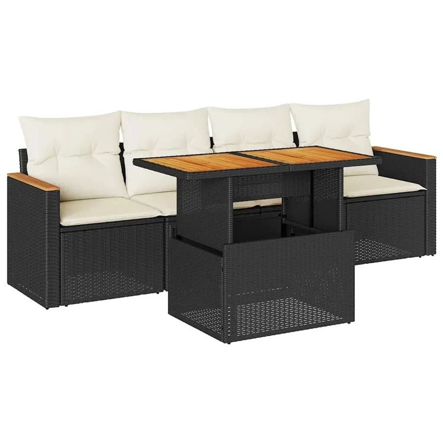 vidaXL 5-teilige Garten-Sofagarnitur in L-Form aus Polyrattan und Akazienholz mit Kissen in Schwarz-Creme - Bild 2