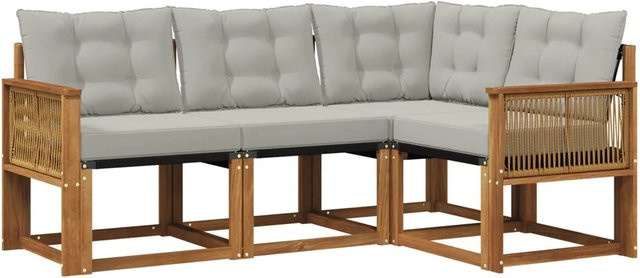 vidaXL Outdoor-Sofagarnitur L-Form aus Akazienholz mit Textilene und Kissen, Beige und Grau - Bild 1