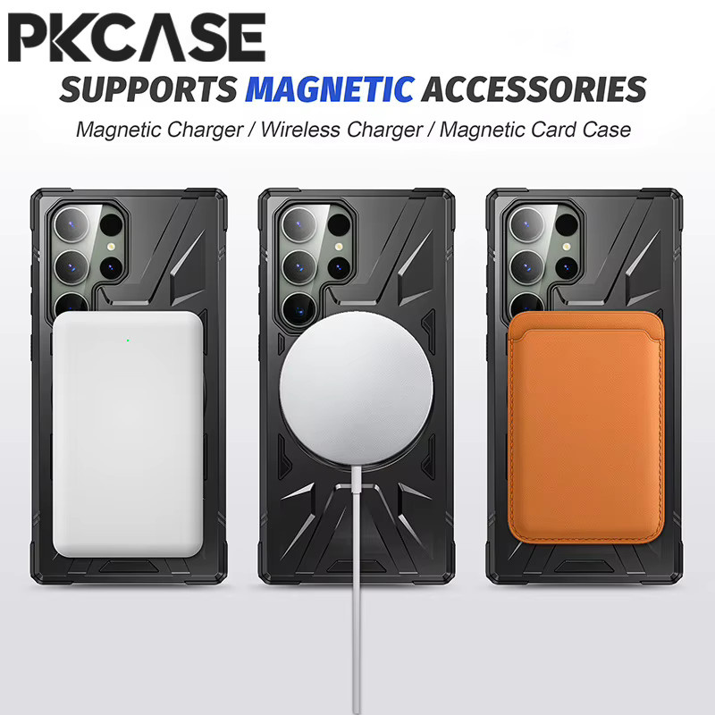 PKCASE stoßfeste Ring-Stand-Hülle mit magnetischer kabelloser Lade-Halterung für Samsung Galaxy S25, S24 Ultra und S23 FE Plus in Schwarz und Grün - Bild 3
