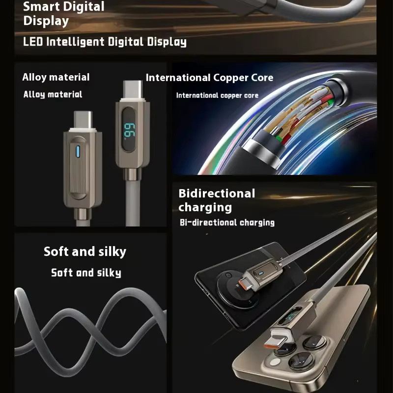 ILEPO USB-C Superschnellladekabel mit LED-Digitalanzeige aus Silikon und Zinklegierung in Grau, 100 W/27 W Mecha Style - Bild 2